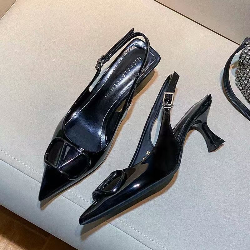 2025 New French Stiletto Black Patent Leather High Heels Pointed Head with Bag Head Sandals Women's Summer Wear