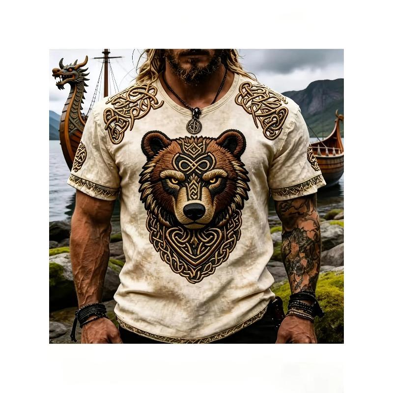 T-shirt Uomo Estiva 2026 Stile Retro Street Usurata con Orso Vichingo, Nodo Celtico, Stampa 3D, Maniche Corte Ampie Girocollo