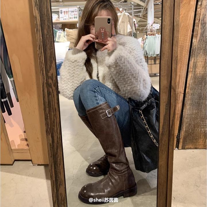 Cowhide version, annual combat boots~ The same washed horse leather buckle with thick heel medium and high boots female knight boots autumn and winter
