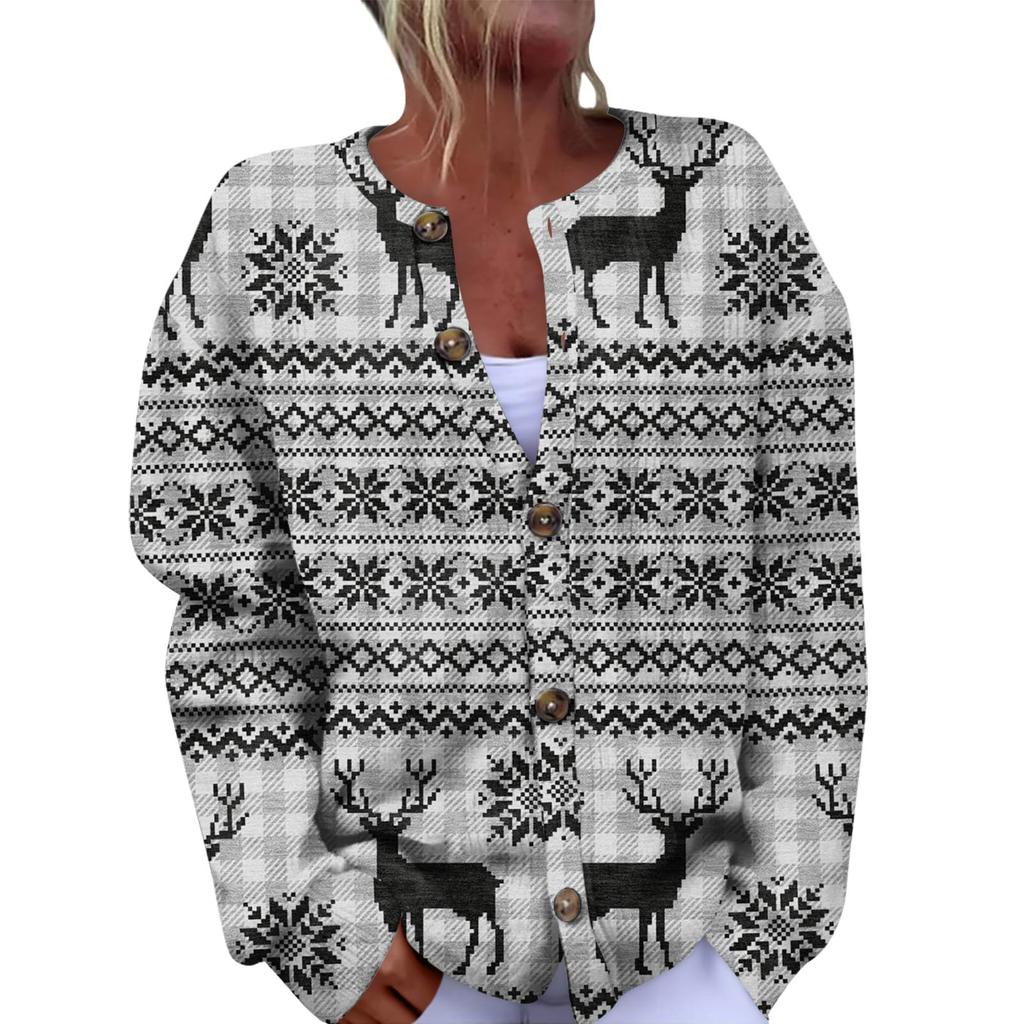 Women's Fashion Christmas Printed Long Sleeve Knitted Cardigan Button Down Jacket
