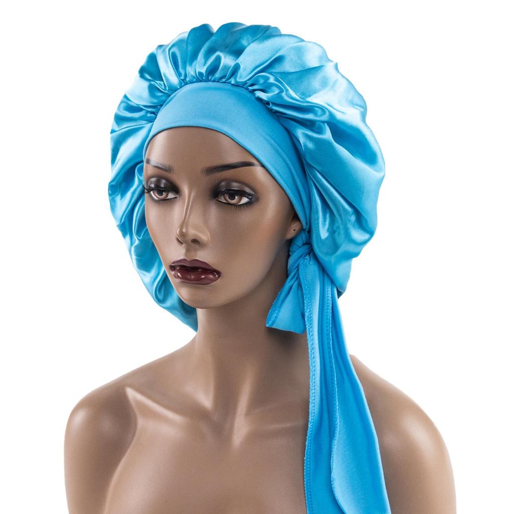 Satin Nightcap with Wide Elastic and Long Tail - Extra Large Women's Ribbon Shower Hat