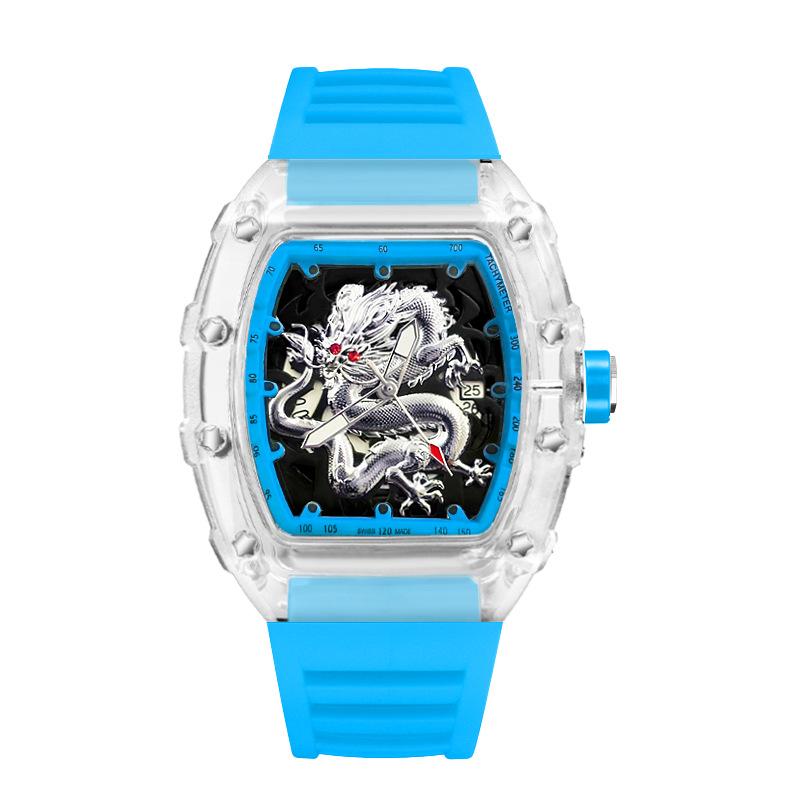 Domineering High-Value Fashion Trend Luminous Waterproof Wine Barrel-Shaped Men'S Watch Silver Dragon