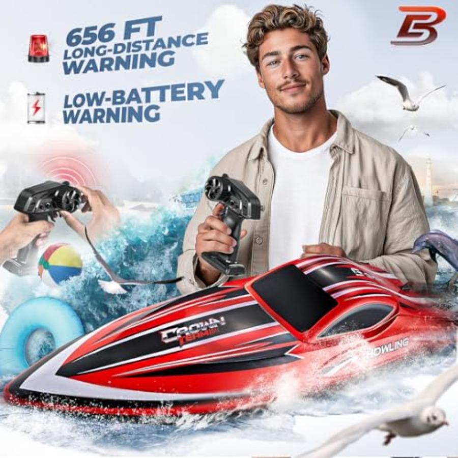 RC Boat for Lakes: 16-inch Brushless Waterproof Speed Boat, Red, 55 KPH Fast Performance with 2000mAh Battery, Ideal for Adults