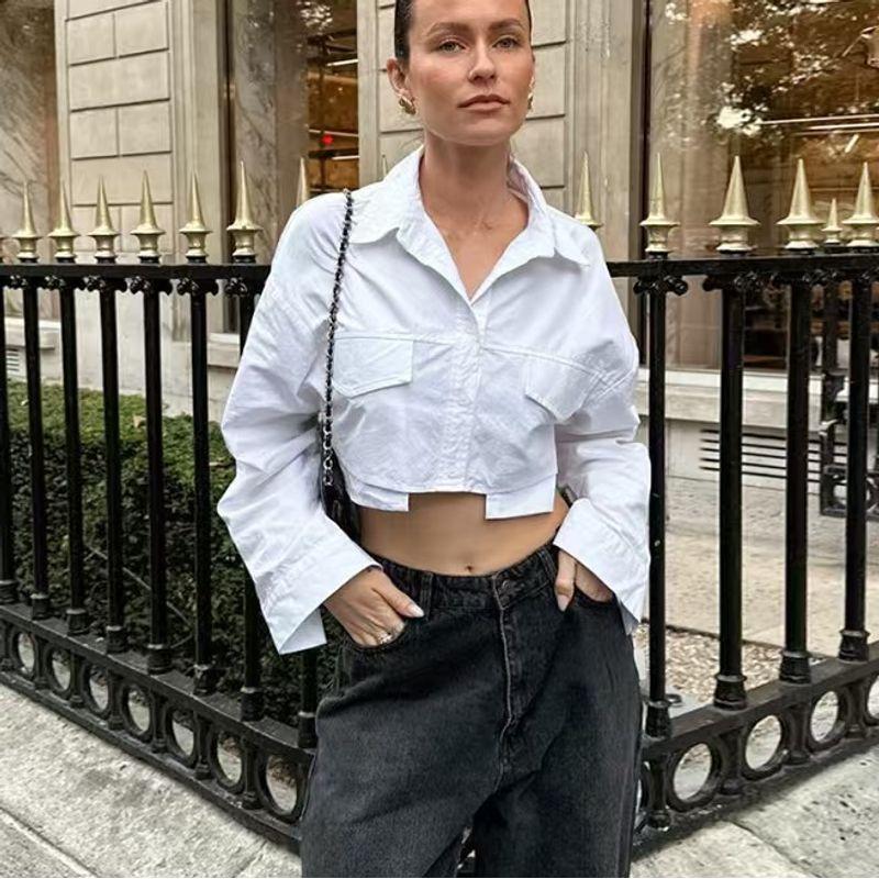 

Fall Fashion New Arrival Pure Cotton Shirt Pocket Decoration Silm Casual Short Tops Short Shirt Top White L