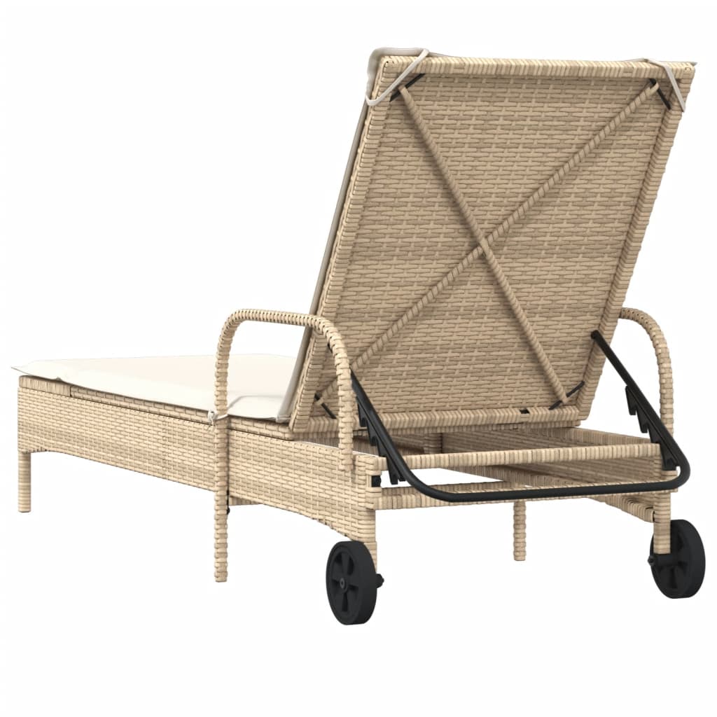 Sun Lounger with Wheels and Cushion Beige Poly Rattan