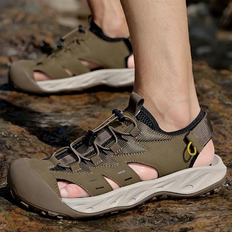 Luxury Men's Leather Sandals Adjustable Straps Wading Aqua Walking Shoes Comfortable Summer Flats Hollow Out Man Casual Sandals
