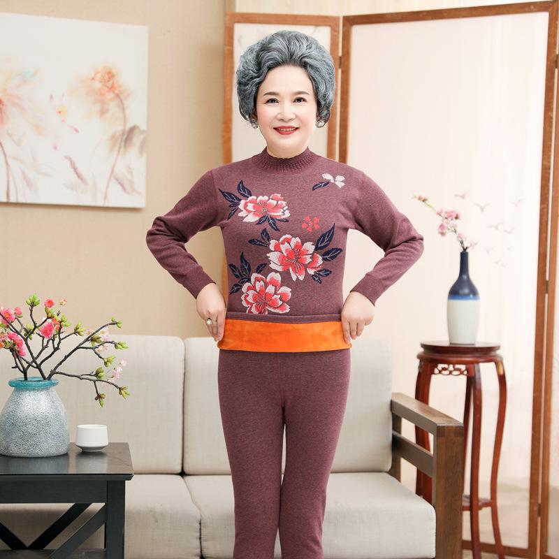 Women's Plus Size Fleece-Lined Warm Underwear Set for Middle-Aged and Elderly