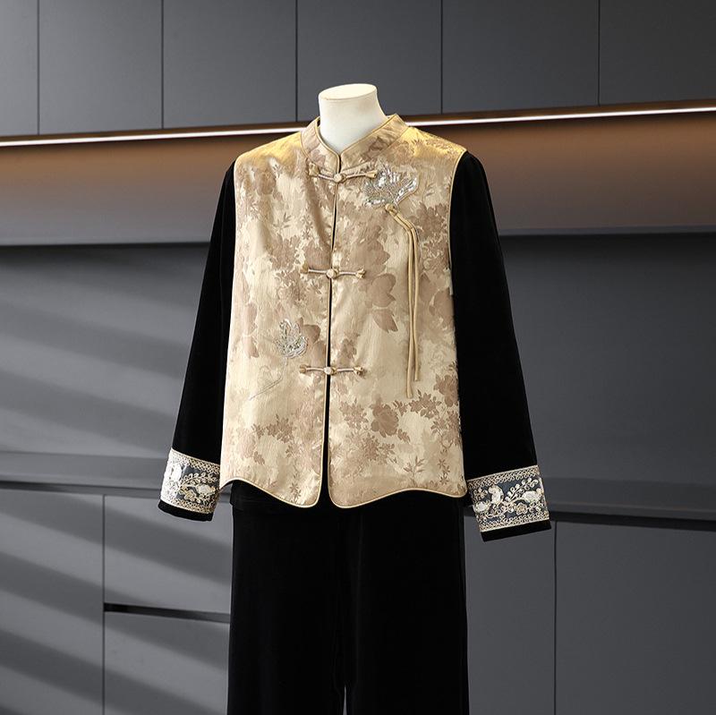

Mother s Day Chinese-Style Gold Velvet Spring Suit: Fashionable Printed Jacket and Wide-Legged Three-Piece Set for Middle-Aged and Elderly XL (recommended for 80-105 jin)