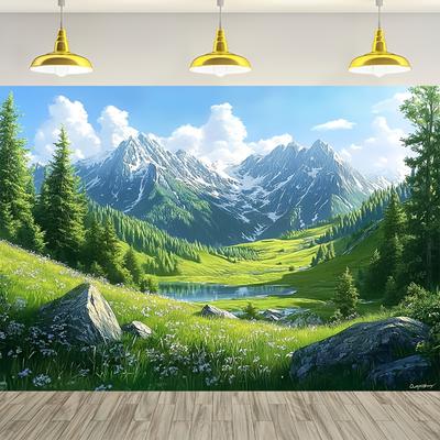 1 Piece Mountain Forest and River Scene Decoration Celebration Background with Blue Sky and White Clouds Polyester Material