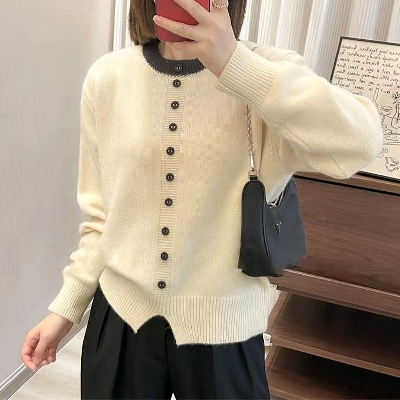 

Новая осенне-зимняя мода Корейская версия Однотонный Ретро Круглый вырез Свободный и Универсальный Западный стиль Приталенный Вязаный свитер XXL белый