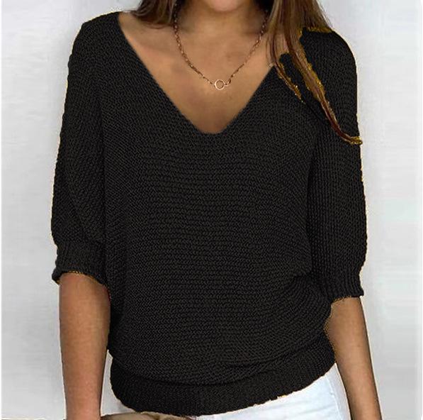 2026 Women's Solid Color Round Neck Knitwear Three-Quarter Sleeve Top