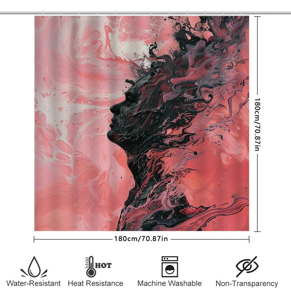Modern Bathroom Shower Curtain with Abstract Pink and Black Swirl Design Polyester Fabric for Waterproof Protection