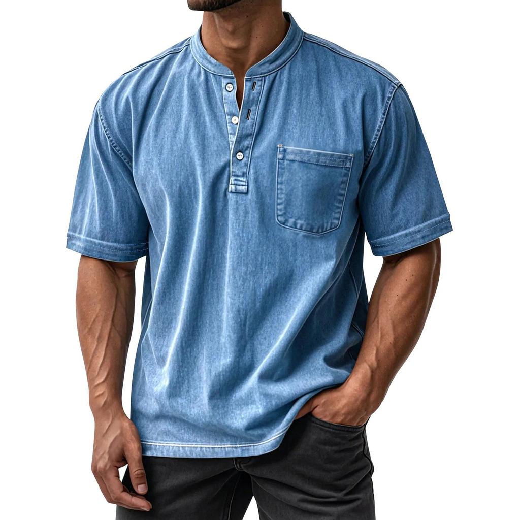 Men's Summer Round Neck Short Sleeve T-Shirt Neck Men's All- Casual Button Shirt