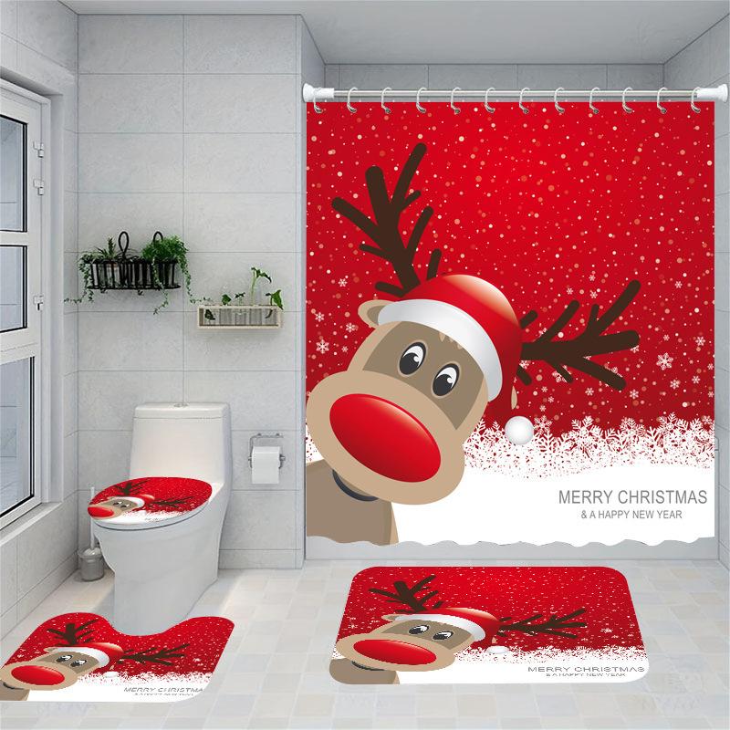 Christmas Series Shower Curtain Digital Printing Bathroom Shower Curtain Four-Piece Polyester Shower Curtain