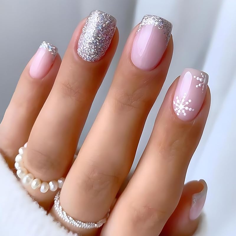24Pcs Christmas Press on Nails Square French Tip Fake Nails Silver Glitter Nail Design Full Cover False Nails Snowflake Glue on Nails Cute Acrylic
