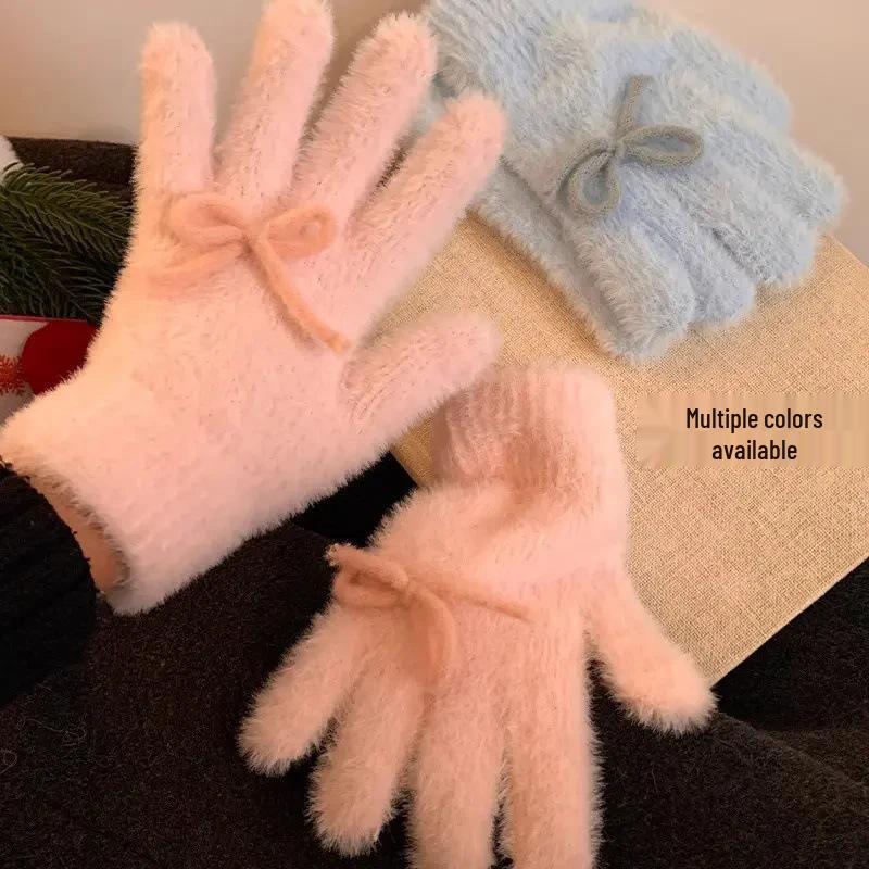 Korean Style Pink Bow Knit Fingerless Gloves for Women - Warm Fleece Lined, Fluffy Winter Fashion