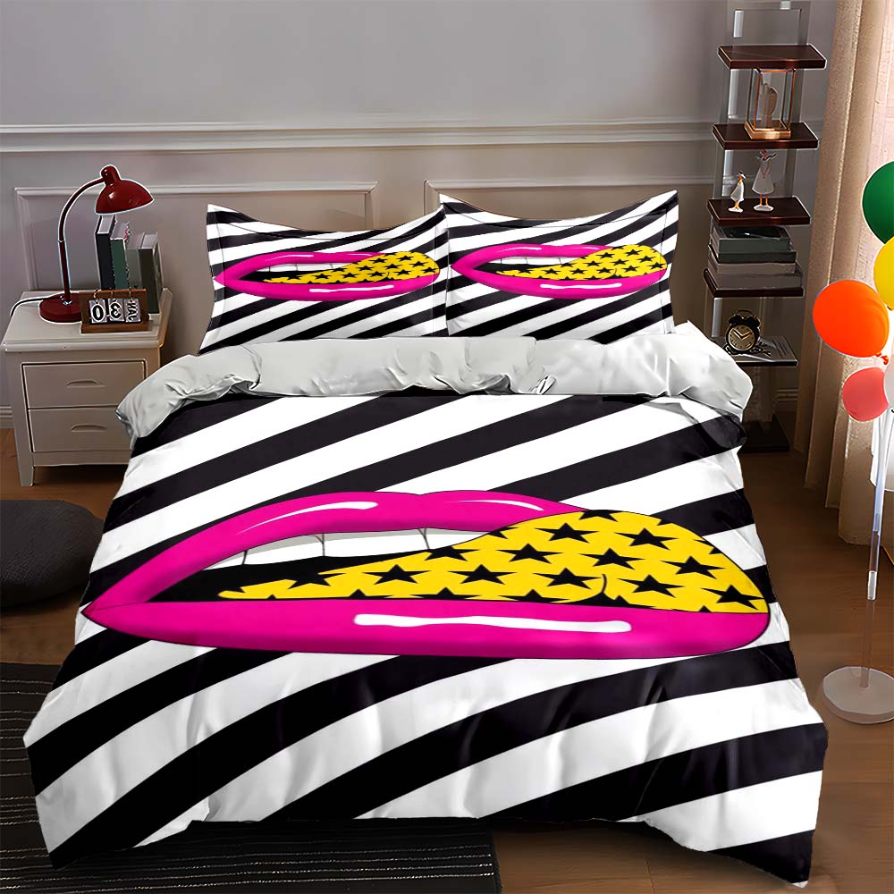 

Striped lips design. Bedding Duvet cover sets Duvet covers Pillowcases gifts (1 * Duvet Cover 2 * Pillowcases, without duvet insert) 135x200cm