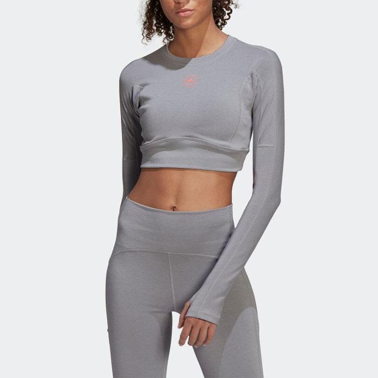 Adidas Logo Print Solid Color Round Neck Long Sleeve T-Shirt Women Tops Gray HD9061