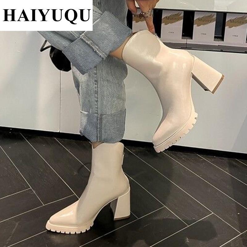 Pointed Toe High Heels Women Chelsea Ankle Boots Leather Shoes Winter New Retro Snow Boots Goth Gladiator Pumps Botas Mujer