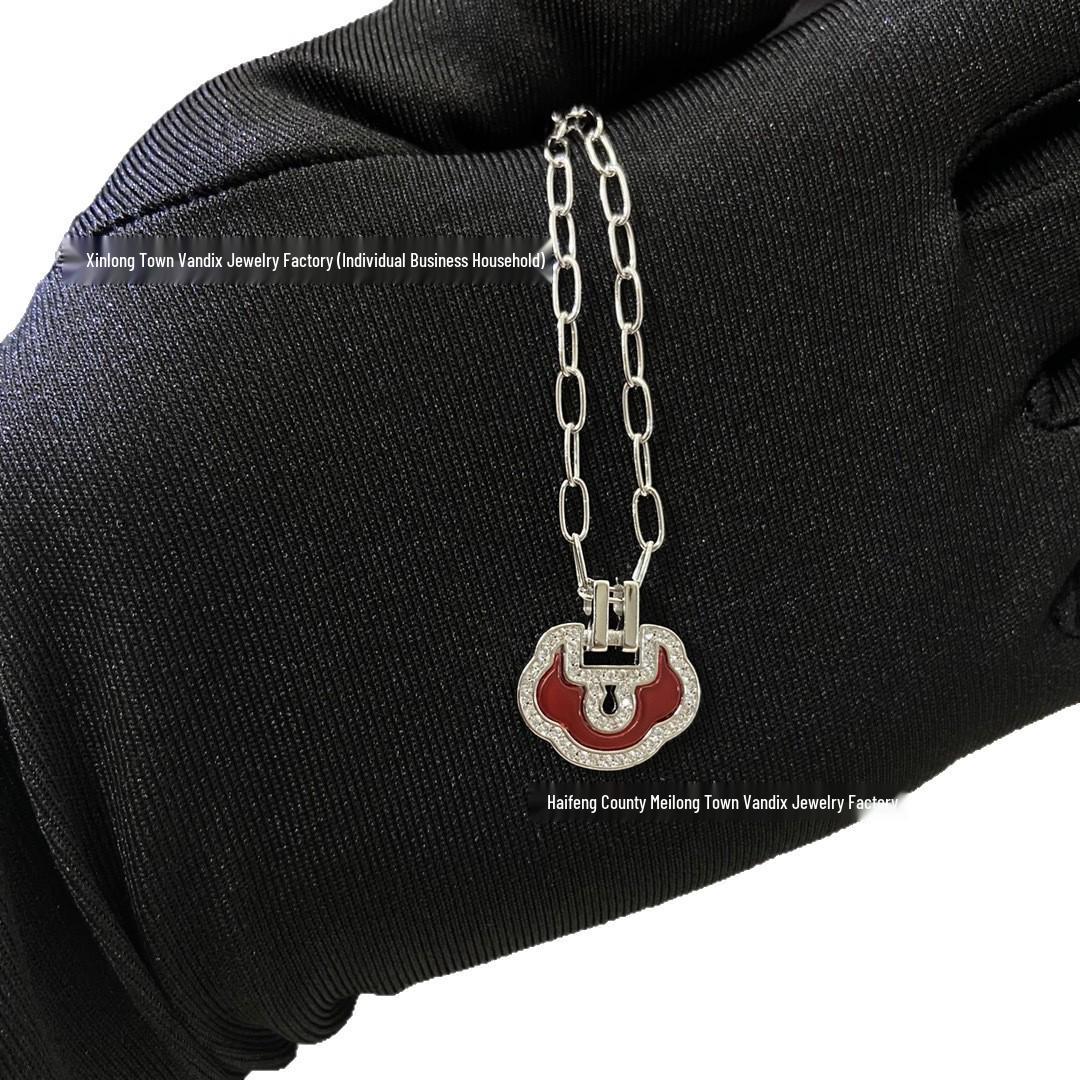 Qi Family Ruyi Lock Necklace: Women s Black, Red, Green Chalcedony Clavicle Chain, Smooth Surface, Diamond Accents, Fortune Rose Gold. White Gold Violet Chalcedony