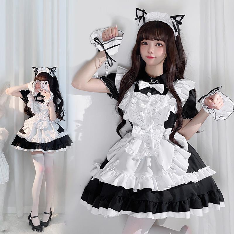 Jingyue Fang Lolita Služebná Oblečení Šaty, Zástěra, Pokrývka hlavy, Manžety rukávů, Polyester, Černá