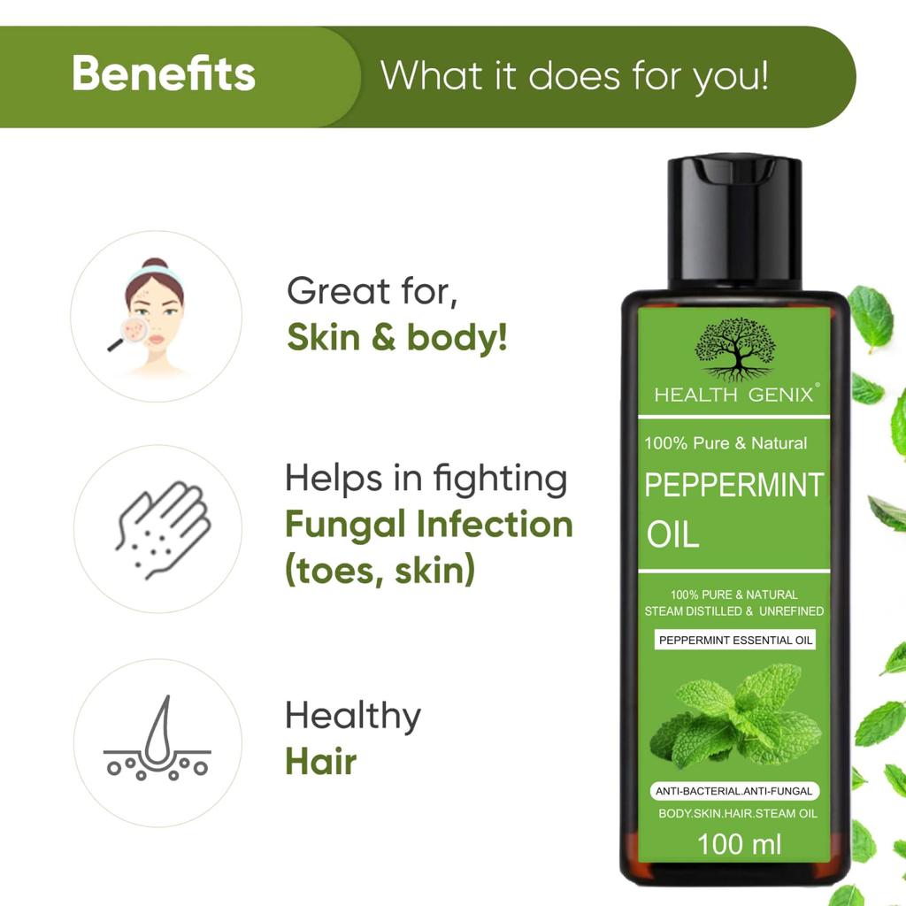 Healthgenix Pure Peppermint Essential Oil - 100ml | Free Rose Water - 60ml | Therapeutic Grade For Hair, Skin, Face, Diffuser, Aromatherapy,
