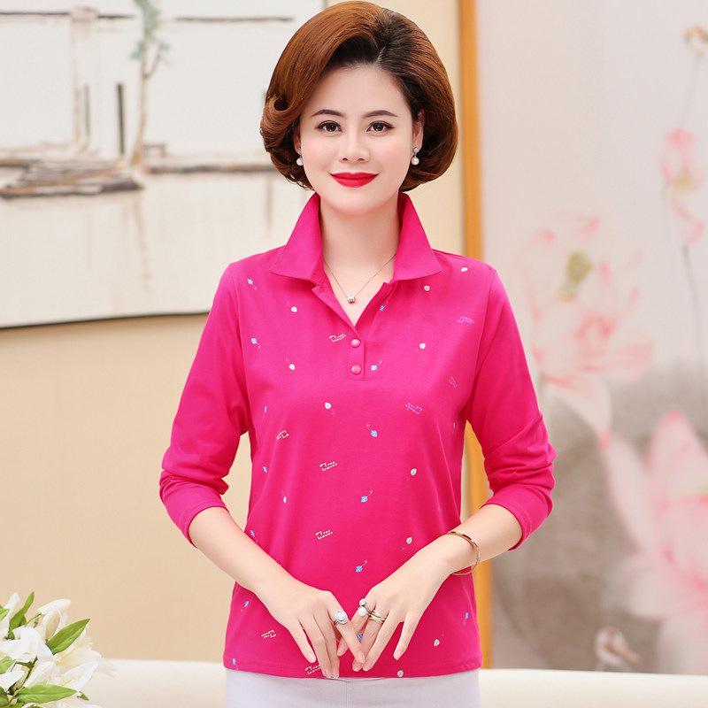 Autumn Cotton Lapel T-shirt for Middle-aged & Elderly Women - Long-Sleeve, Loose Fit, Plus Size