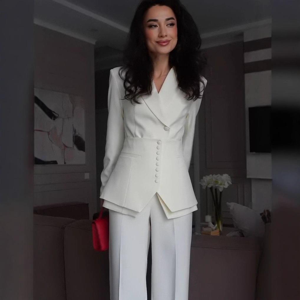 European and American Cross-border Women's Wear, Professional Commuter Suit, Buttoned Jacket, Straight-leg Pants, Fashionable Casual Waist Seal Set