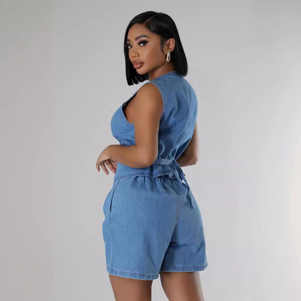 IHUASU Summer Fashion Casual Sleeveless High-waisted Women's Suit Denim Shorts