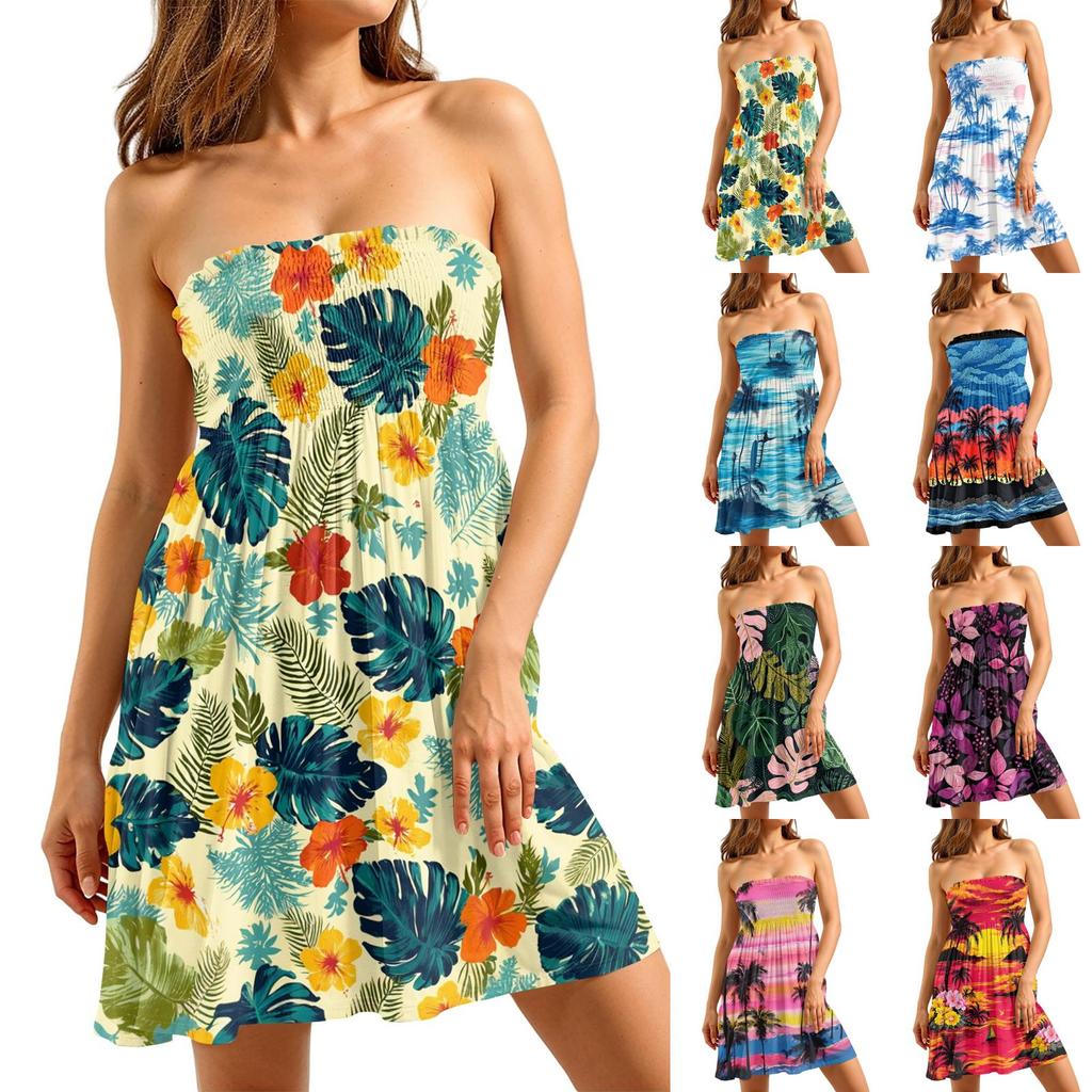Women's Casual Fashion Strapless Floral Print Sleeveless Dress