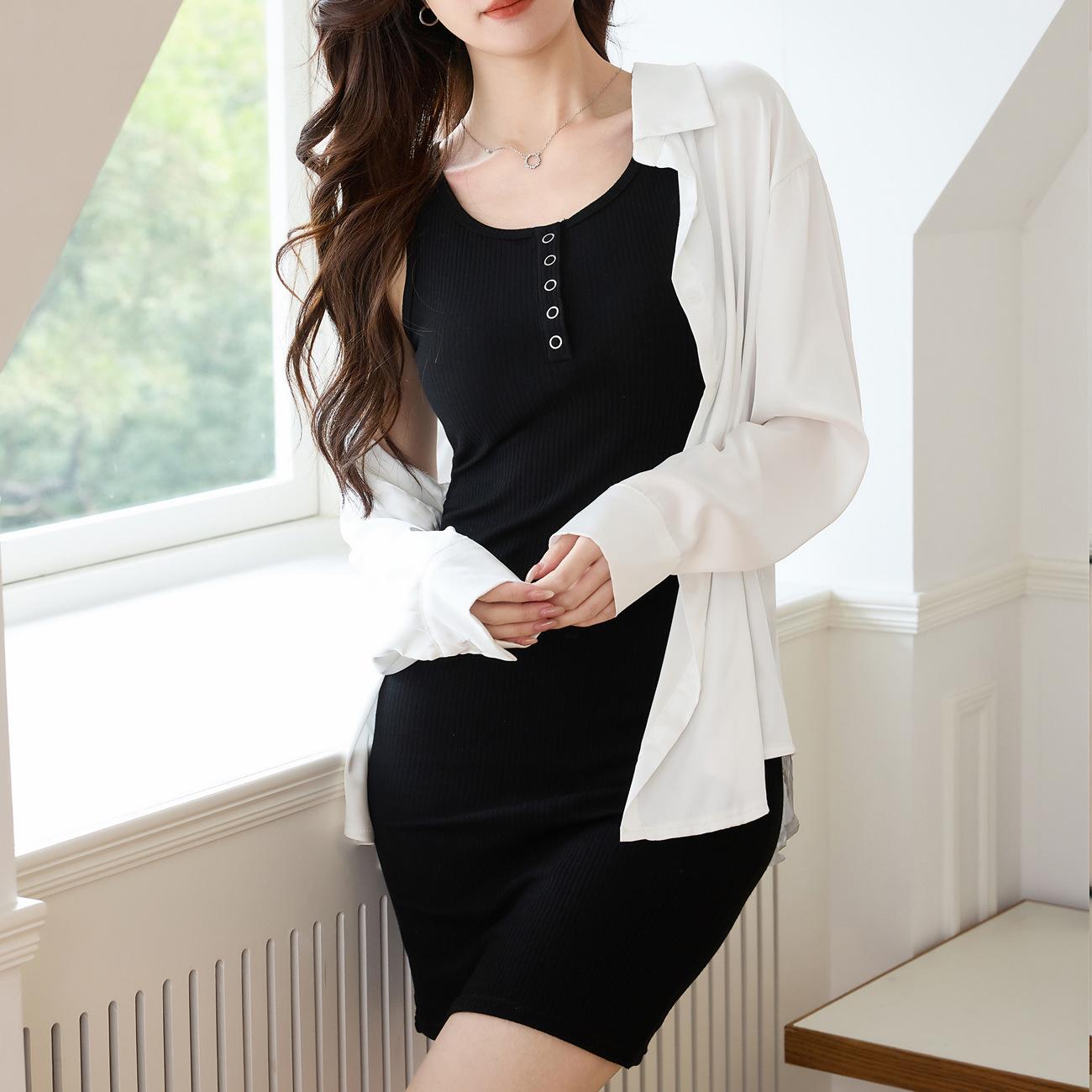 

Платье-жилет на пуговицах для женщин, лето, новый чистый хлопок, обтягивающая сексуальная короткая юбка на бедрах с подтяжками, чистый стиль L чёрный