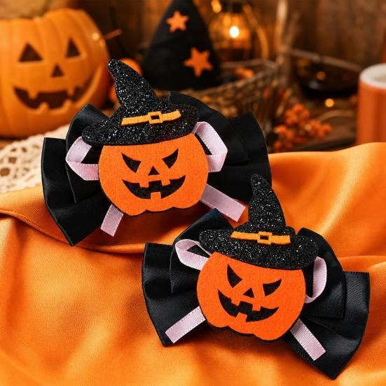 1 Pair Girl Hairpins, Anti-Slip Clip Design Bang Hair Pins, 3D Bow Pumpkin Skull Eyes Halloween Shape Hair Clips, Thick Ribbed Webbing Hair