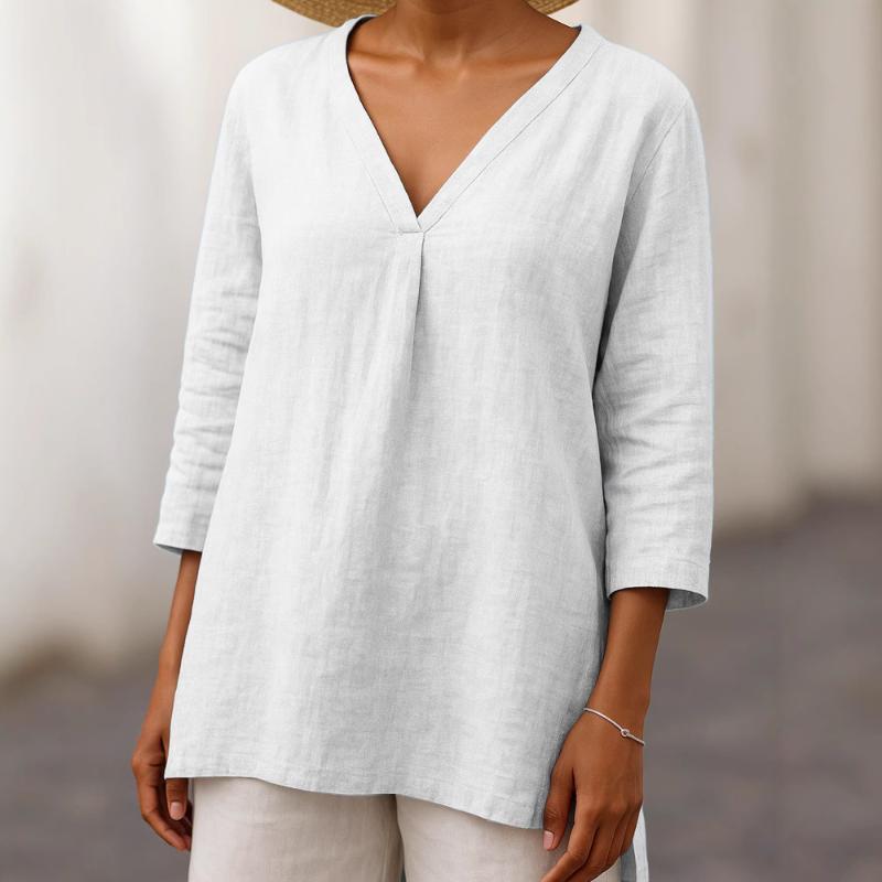

2025 Новый женский повседневный пуловер с V-образным вырезом и рукавом 7/4, свободного кроя, однотонный, многоцветный, женский топ, футболка S белый