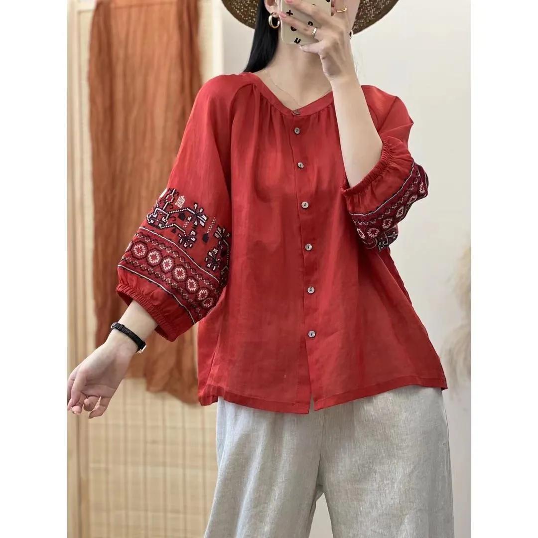 

Женская летняя винтажная вышитая рубашка с рукавами-фонариками, удобные топы с рукавами семь минут в литературном стиле 3XL красный