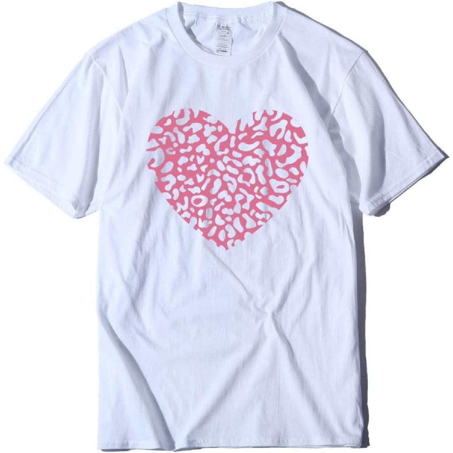 SeeYouShy Valentine s Day Womens Tshirts Pink Heart Print Graphic Tees Harajuku (White, Large) S