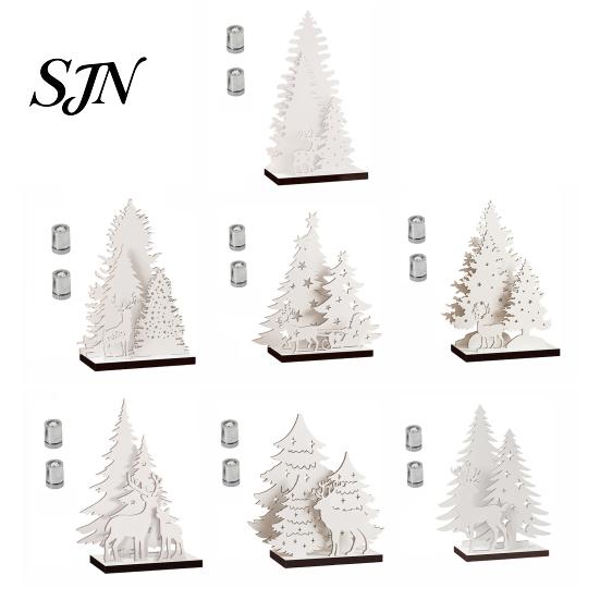 Christmas Party Scene Props Vintage Wooden Tree, LED Lighted Tabletop Centerpiece Decorations, Led Xmas Decor Winter Reindeer Desktop Indoor