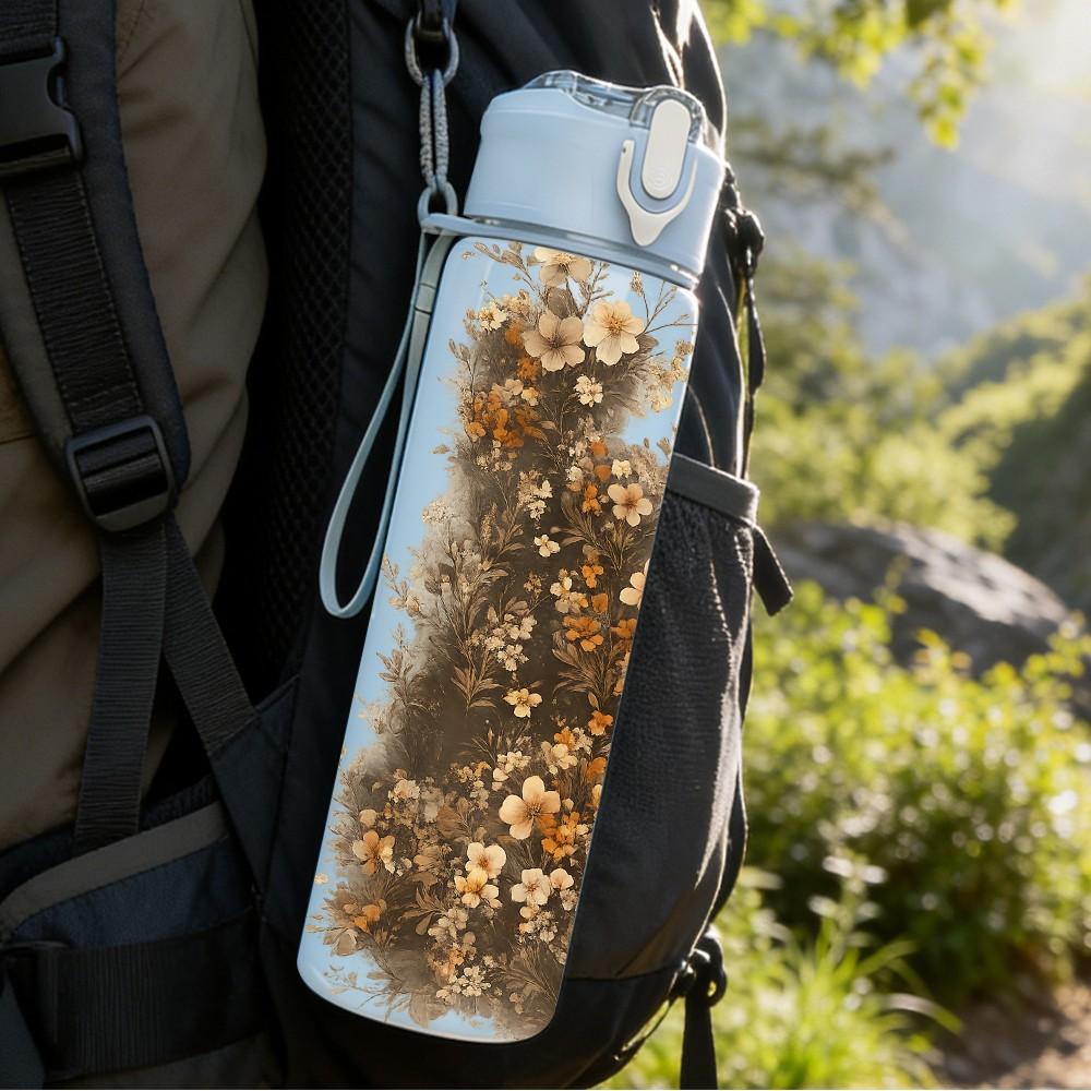 1PC Dried Withered Plant Texture Print 750ml Color Plastic Sports Water Bottle Leakproof Flip Straw Lid Suitable for Sports Office Home Use