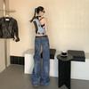 Retro blue micro-pull jeans women's spring and autumn new low-rise loose wide-legged thin flared pants