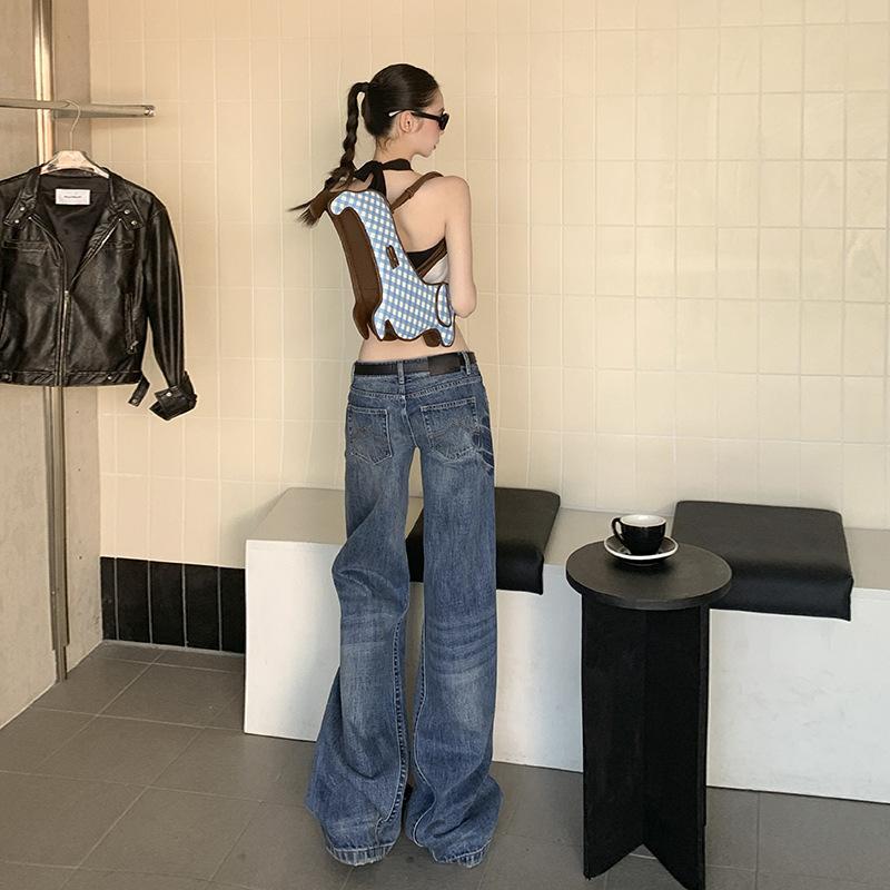 Retro blue micro-pull jeans women's spring and autumn new low-rise loose wide-legged thin flared pants
