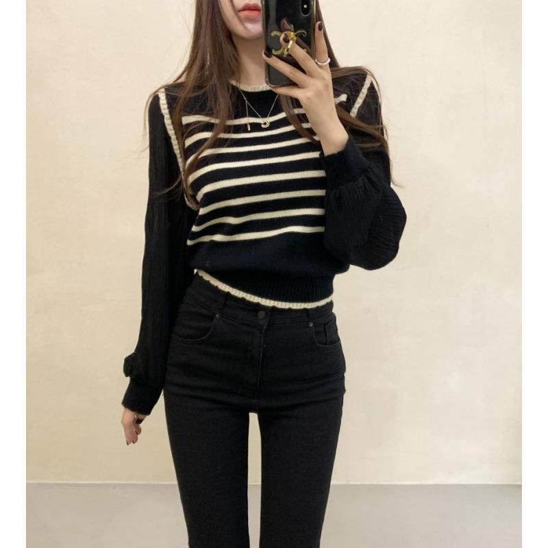2025 Autumn Black & White Striped Puff Sleeve Sweater Knitwear Top