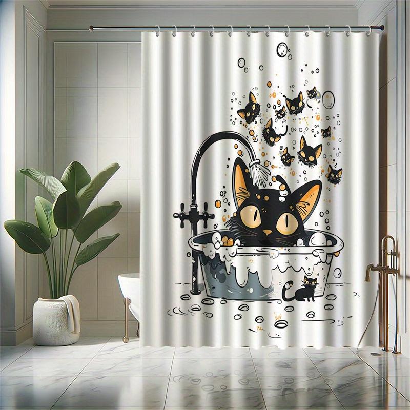Cute Cat Shower Curtain Set - Cartoon Style, Cat Bathing Pattern, Includes 12 Hooks, Polyester Fabric, Modern Bathroom Decor