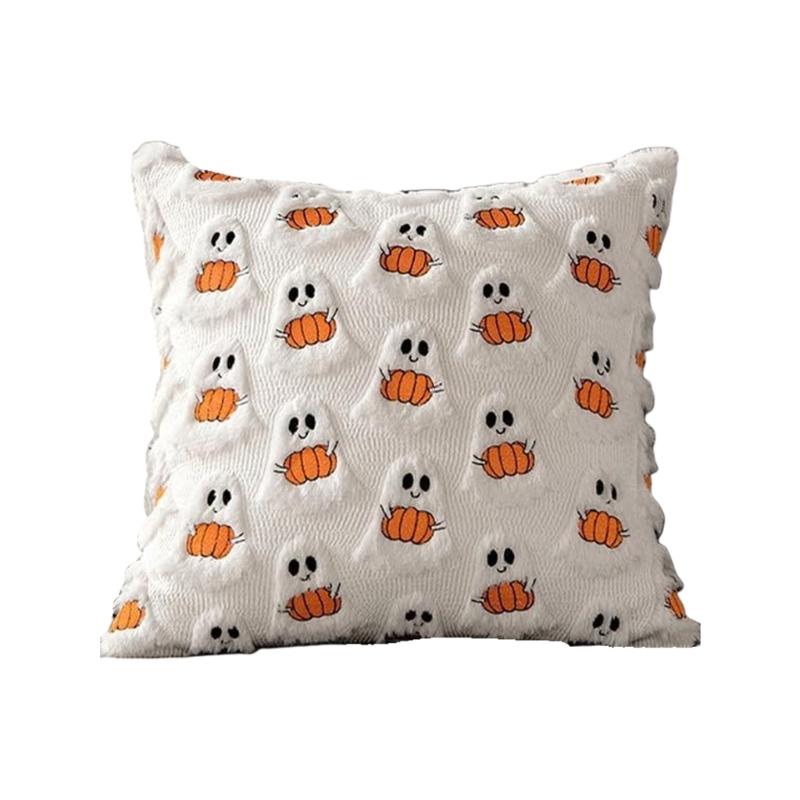 

Halloween Embroidered Pumpkin Ghostly Cushion Cover 18x18Inch Soft Faux Furs Pillow Case For Couch Bed Sofa Decors
