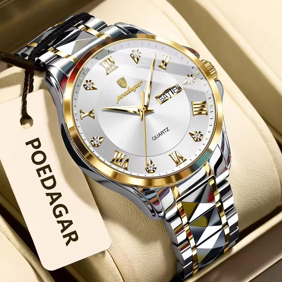 POEDAGAR Fashion Military Men Clock Waterproof Luminous Date Week Man Wristwatch Stainless Steel Quartz Watches Male Reloj