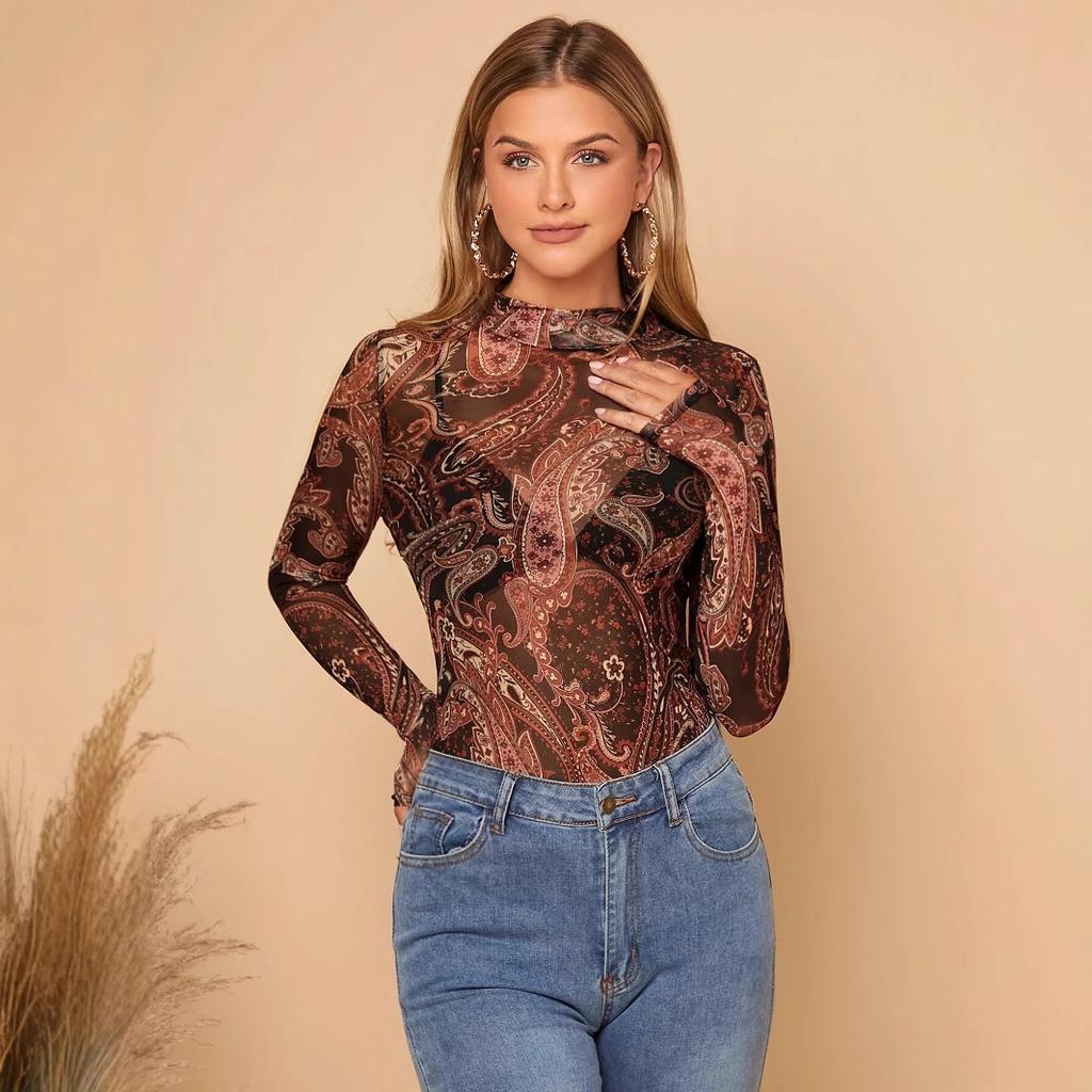Frühlings- und Sommer Damen Paisley-Print Stehkragen Mesh Langarm T-Shirt Tops Vielseitige Schrank-Essentials Modeartikel Shirt