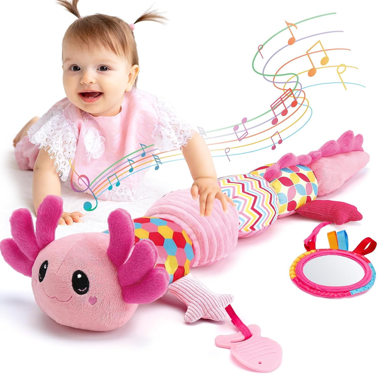 hahaland Tummy Time Toys for Babies 0-6 Months - Musical Axolotl Plush with Rattle,Teether,Mirror,Squeaky,Crinkle - Infant Toys 0-12 Months Baby