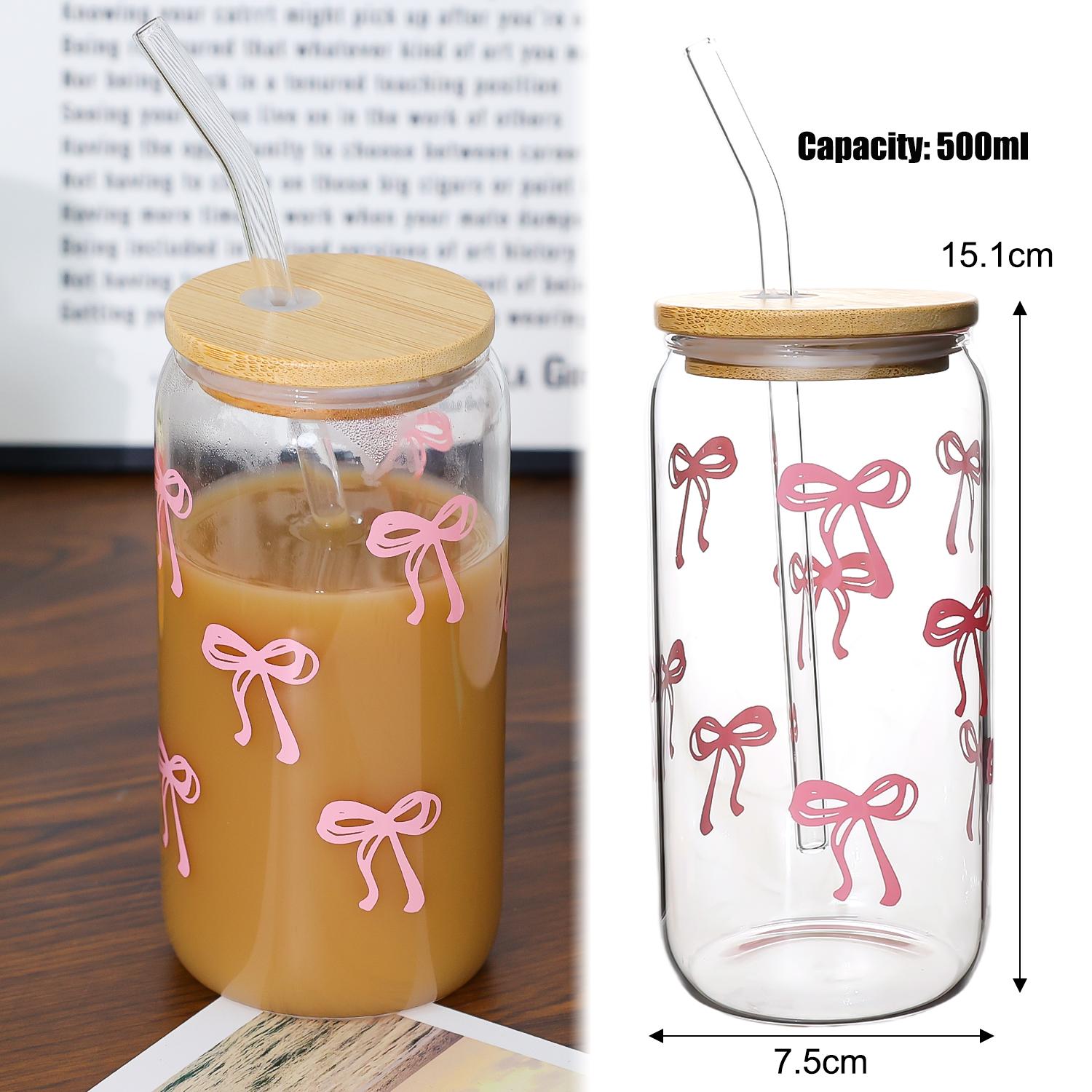 

500ml Bow-knotted Glass Water Tumbler with Wooden Lid and Straw Home Transparent Glass Cup for Juice Drinking Birthday Gifts розовый