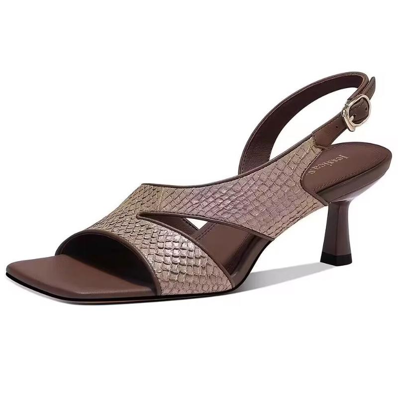 Fashion Fashion Snake Texture Leather High Heels Women Elegant Square Toe Thin Heel Sandals Summer Sexy Open Toe Dress Shoes Sandalias