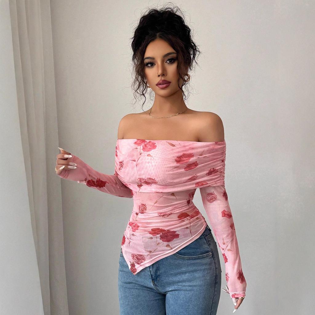 DAFIFY Women's Fashion Casual Spring Autumn Flower Pattern Print Long Sleeve One Shoulder Blouses & Shirts