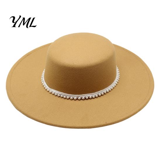 Vintage Photoshoot Prop Wide Brim Wool Felt Hat for Women, Flat Top Fedora Woolen Accessories Autumn with Faux Pearl Trim, Elegant Winter Cap Fashion