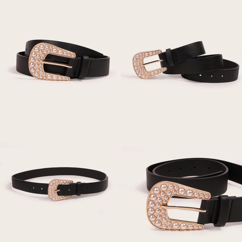 Classic Fashion Casual Leather Belt For Women With Pearl Decor For Spring